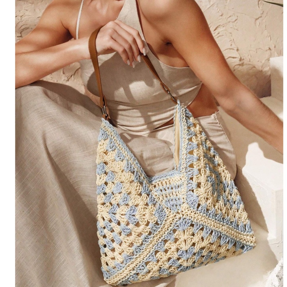 Boho Color Block Straw Vegan leather Strap Shoulder Bag